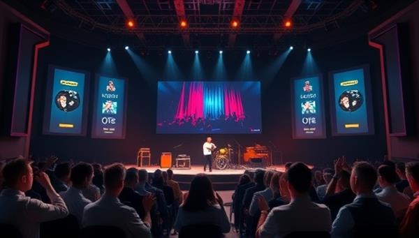 An elegant virtual concert setup with stage lights, musical instruments, and a large screen displaying a live performance, surrounded by digital audience avatars cheering and clapping, evoking a sense of exclusivity and excitement.