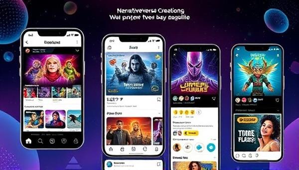 A dynamic and engaging social media feed mockup with interactive elements, gamified content, and vibrant visuals, showcasing the diverse storytelling capabilities offered by NarrativeVerse Creations, inviting viewers to immerse themselves in the story.