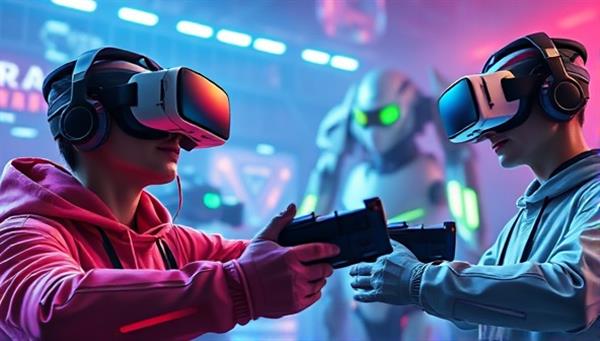A futuristic and dynamic image of players wearing VR headsets, fully immersed in a virtual world where they are battling futuristic robots, with vivid colors and high-tech visuals creating an engaging and thrilling atmosphere.