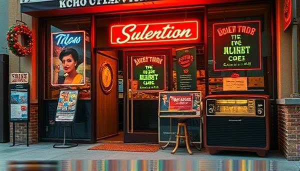 An image of a retro-inspired storefront with neon signs, vintage posters, and a classic radio playing nostalgic tunes, inviting passersby to step into a bygone era of advertising charm and creativity.