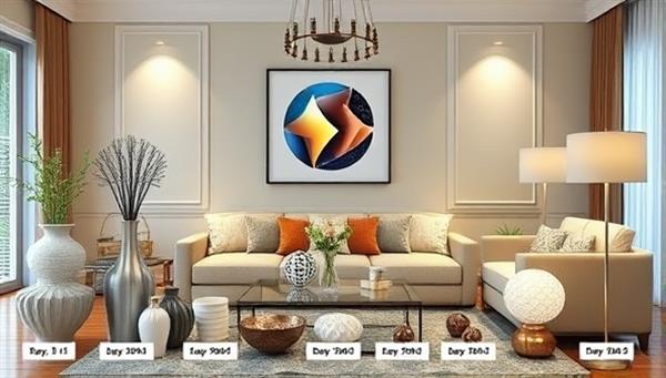 An image showcasing a beautifully decorated living room with various personalized 3D-printed home decor items like vases, sculptures, and lighting fixtures, highlighting the uniqueness and customization options of the products.