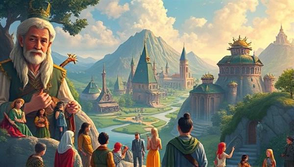 An interactive digital landscape featuring diverse characters, fantastical worlds, and engaging narratives intertwined with social media elements like likes, shares, and comments, symbolizing the fusion of traditional storytelling with modern interactive platforms.