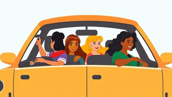 An engaging digital illustration showing a diverse group of people carpooling in a colorful car, symbolizing community, sustainability, and shared transportation.