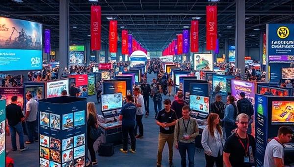 A vibrant virtual convention hall filled with interactive booths, live panels, and crowds of avatars mingling and exploring the virtual space, capturing the excitement and energy of an in-person gaming event.