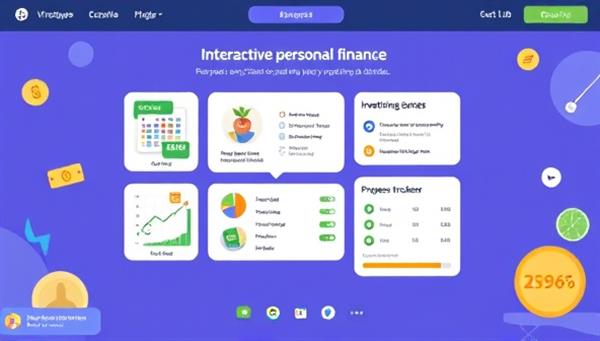 An interactive personal finance platform interface featuring budgeting games, investment simulations, financial challenges, and progress trackers, creating a dynamic and educational environment for users to enhance their money management skills and financial knowledge.