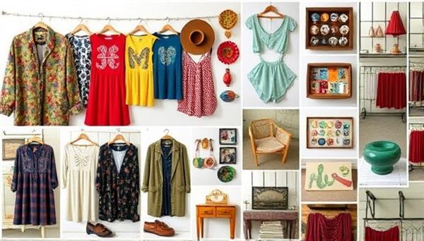 A visually appealing collage of vintage clothing pieces, retro accessories, and eclectic home decor items displayed on a virtual thrift shopping platform interface, showcasing the diversity and charm of the RetroRevive Marketplace for online thrift shopping enthusiasts.