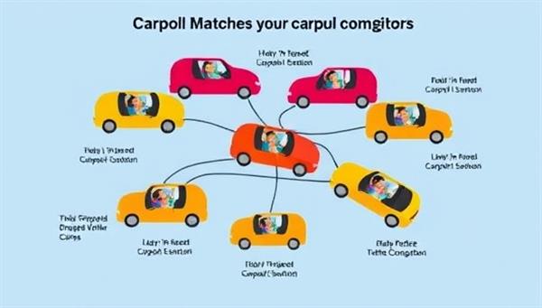 A vibrant graphic showing a network of interconnected cars representing successful carpool matches, with happy commuters sharing a ride, engaging in conversation, and reducing traffic congestion, emphasizing the social and environmental benefits of ride-sharing.