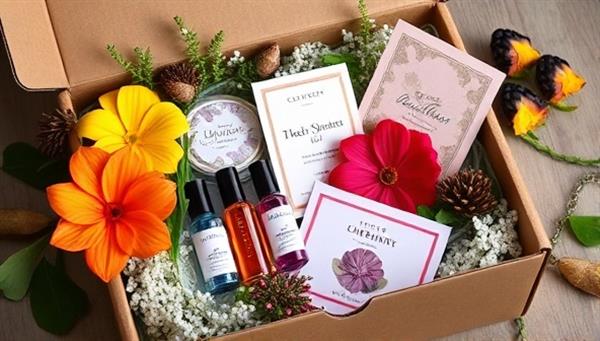 A beautifully designed subscription box overflowing with colorful fragrance vials, exotic botanicals, and elegant scent cards, evoking a sense of luxury and personalization.