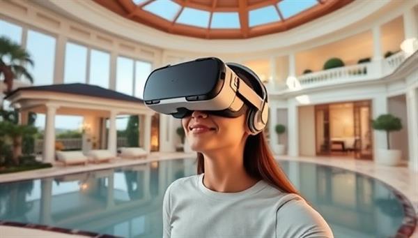An image of a person wearing a VR headset and exploring a luxurious property in a virtual reality environment, showcasing the immersive and interactive nature of VR property tours offered by VR Home Showcase.