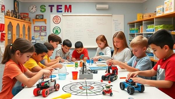 A colorful and engaging STEM workshop setting with kids immersed in hands-on experiments, building robots, and conducting science projects, surrounded by educational tools and materials, fostering a dynamic and interactive learning environment.