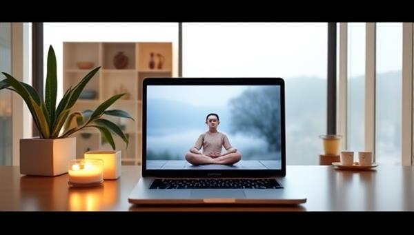 A serene digital space with calming visuals, relaxation resources, a laptop displaying a virtual coaching session on mindfulness, and a client engaging in self-care practices, symbolizing mental wellness support and emotional resilience building in a virtual setting.