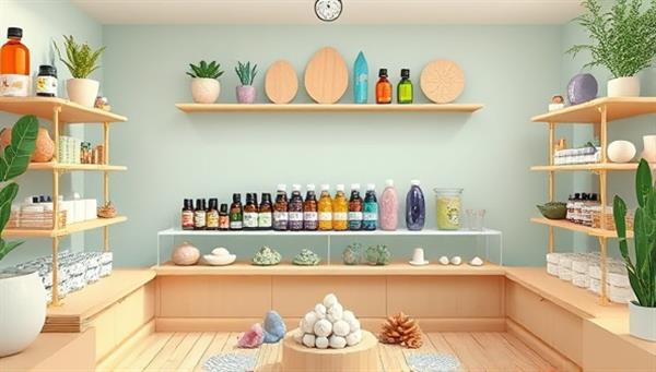 An inviting virtual marketplace scene with a variety of holistic products, such as essential oils, crystals, and herbal teas, displayed on digital shelves, surrounded by calming colors and natural elements, creating a serene and healing atmosphere.