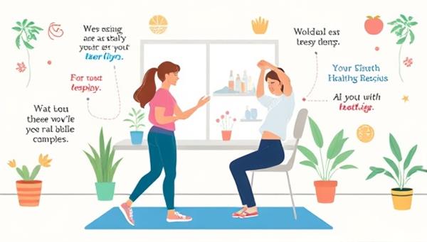 A vibrant illustration of a wellness coach guiding a client through virtual exercise sessions, surrounded by motivational quotes and healthy lifestyle imagery, reflecting the supportive and transformative experience offered by WellnessWave Coaching.