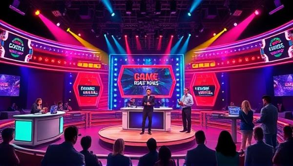 An interactive digital illustration showcasing a lively game show set with colorful lights, game props, and enthusiastic hosts interacting with virtual players and audience members, creating a vibrant and engaging atmosphere for online gaming and betting experiences.