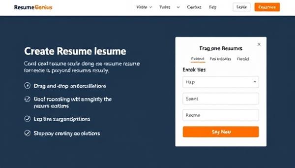An interactive resume building interface on ResumeGenius, featuring a user-friendly design with drag-and-drop features, real-time suggestions, and customization options for creating professional resumes effortlessly.