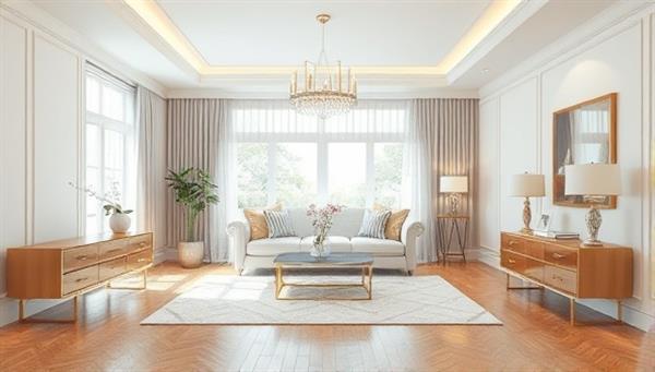 An elegant room visualization with virtual design elements overlaying a real space, illustrating the transformation potential of virtual interior design consultations and the fusion of digital and physical environments.