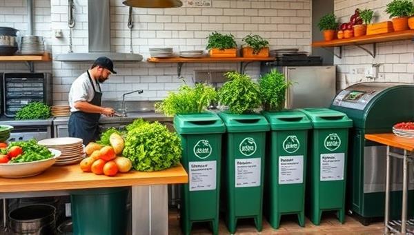 A vibrant restaurant kitchen scene with chefs preparing fresh, locally sourced ingredients, compost bins for food waste recycling, and eco-friendly kitchen appliances, illustrating a sustainable and environmentally conscious culinary environment.