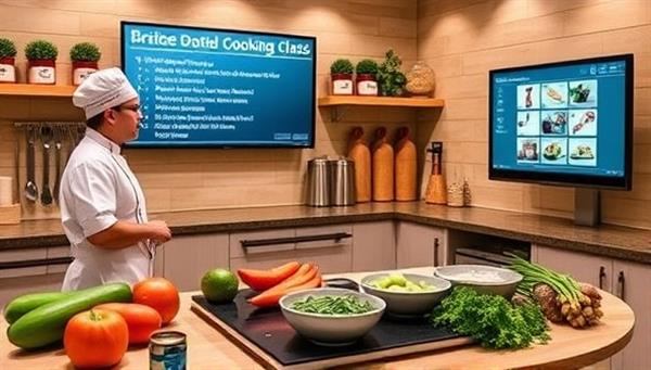 A vibrant kitchen setting with a chef conducting a virtual cooking class, showcasing fresh ingredients, cooking utensils, and a digital screen displaying the step-by-step recipe instructions, creating a dynamic and interactive culinary experience.