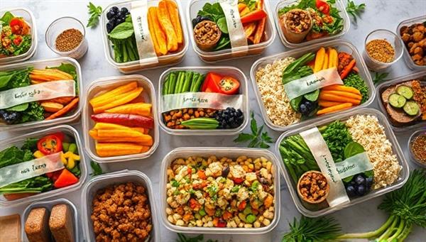 An array of colorful plant-based meals neatly packed in eco-friendly containers, arranged on a table with fresh herbs and spices, showcasing the variety and vibrancy of the meal prep service