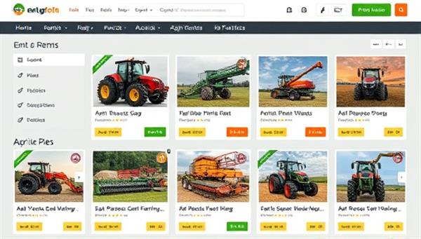 An agri-digital marketplace interface featuring a diverse selection of agricultural equipment available for rent, including tractors, harvesters, and precision farming tools, with detailed descriptions and user reviews, highlighting the convenience and accessibility of RentAgriTech