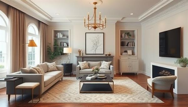 A sophisticated and elegantly designed virtual living room concept with stylish furniture pieces, decorative accents, and a cozy ambiance, illustrating the transformative impact of virtual interior design consultations by DesignDream Virtual Studio.