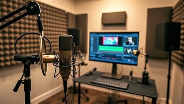 An engaging visual of a podcast recording studio setup with microphones, soundproofing panels, and editing software on a computer screen, symbolizing the professional and tailored approach to podcast production services offered by the business.