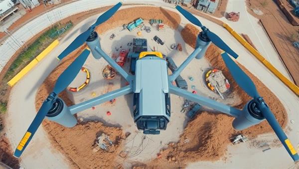 An aerial view captured by a drone showing a construction site with detailed topographical data, equipment layouts, and progress markers, highlighting the precision and comprehensive surveying capabilities of SkyScope Survey Solutions, transforming traditional site analysis into advanced aerial insights.