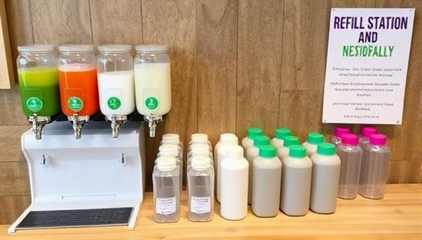 An inviting refill station setup with various dispensers filled with colorful eco-friendly products, reusable containers neatly lined up for refill, and informative signage promoting sustainability and waste reduction.