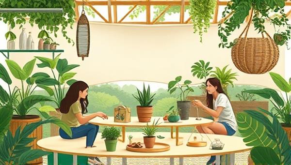 A captivating digital illustration showcasing a virtual sustainable living workshop with eco-enthusiasts participating in DIY green projects, interactive sustainability discussions, and virtual eco-events, surrounded by lush greenery and eco-friendly decor, embodying the spirit of eco-consciousness and community empowerment in virtual sustainability workshops.
