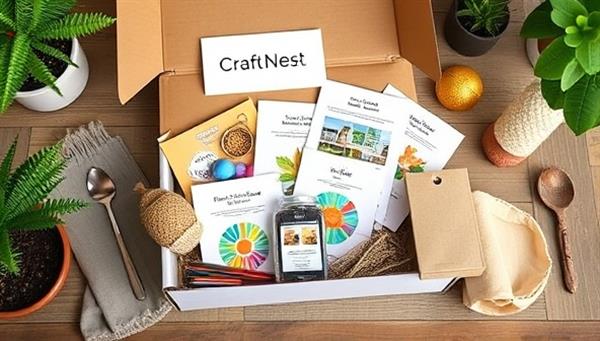 An aesthetically pleasing flat lay of a CraftNest subscription box opened to reveal colorful craft materials, project guides, and completed DIY home decor pieces, creating a cozy and inviting atmosphere for creative home improvement projects.