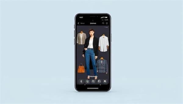 An interactive mobile app interface showcasing the AI-powered virtual fashion stylist, with virtual outfit suggestions displayed on a user