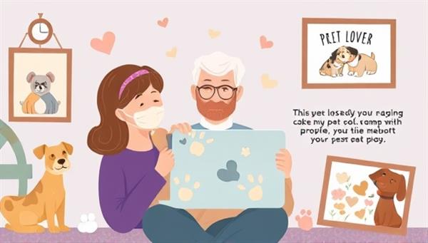 An emotional illustration of a pet owner receiving virtual support from a grief counselor, surrounded by comforting images of their beloved pet and personalized memorial ideas, conveying empathy and understanding in times of pet loss.