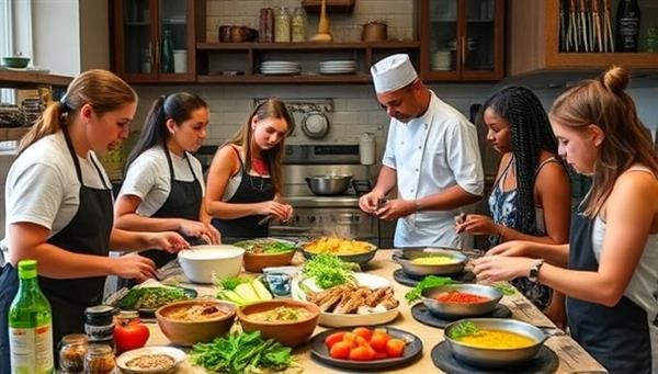 A dynamic culinary exploration class in progress with students learning cooking techniques, tasting exotic flavors, and engaging in a hands-on food preparation session led by a chef, surrounded by a display of fresh ingredients, cooking tools, and aromatic spices, creating a vibrant and immersive culinary experience that ignites the senses and celebrates culinary creativity.