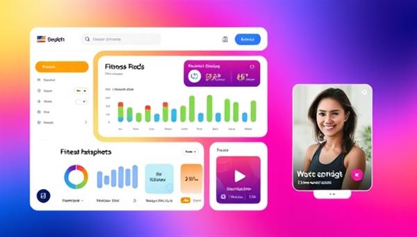 A vibrant digital platform interface showcasing a user-friendly dashboard with fitness tracking metrics, meal plan suggestions, and a video call feature for virtual coaching sessions, portraying a modern and interactive health experience.
