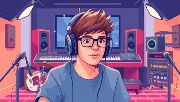 A dynamic digital illustration showing a student wearing headphones, immersed in a virtual studio environment with musical instruments and mixing equipment, symbolizing creativity and learning in music production.