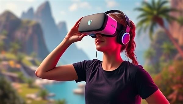 An exciting visual representation of a user donning VR gear and engaging in a virtual reality fitness escape, surrounded by lush digital landscapes and interactive workout challenges, creating a sense of immersion and excitement in the FitVibe VR world.