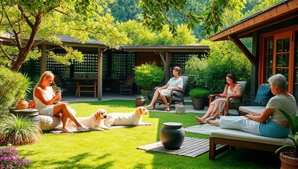 An idyllic retreat center setting with pets relaxing in a peaceful garden, receiving holistic treatments from caring staff members, surrounded by lush greenery and tranquil ambiance, evoking a sense of serenity and well-being for pets and owners alike.