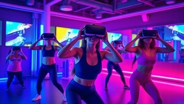 An exhilarating virtual reality workout scene featuring users immersed in a digital gym environment, engaging in dynamic fitness challenges and exercises with vibrant visuals and fitness metrics displayed, showcasing the fusion of gaming and exercise in FitQuest VR.