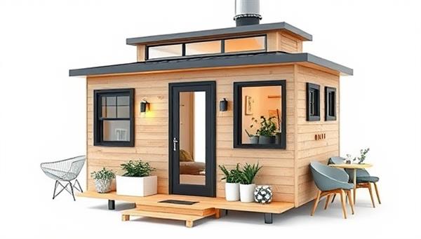 An image of a compact and stylish mini-home assembled from a portable kit, featuring modern design elements, space-saving features, and personalized touches, highlighting the versatility and creative potential of DIY mini-home construction.
