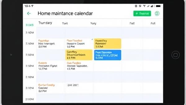 An interactive digital home maintenance calendar displayed on a tablet device, featuring scheduled tasks, reminders, and service provider contacts for easy access.