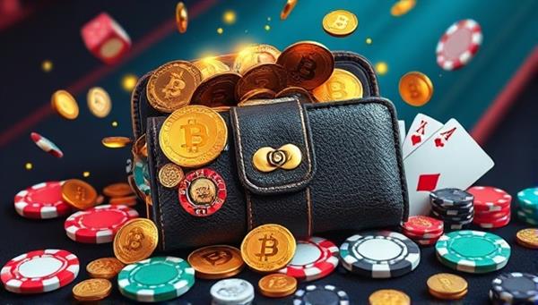 An artistic representation of a digital wallet overflowing with various cryptocurrencies, surrounded by casino chips and playing cards, symbolizing the fusion of crypto rewards and gambling entertainment in the loyalty program.