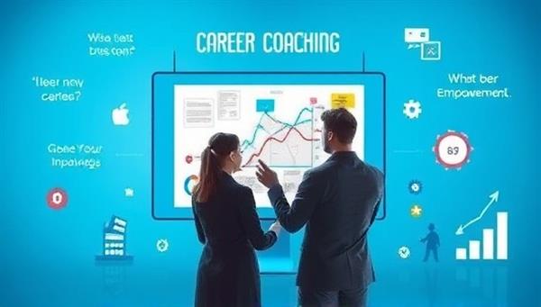 An inspiring visual representation of career coaching, featuring a coach guiding a client through a career path map on a digital screen, surrounded by motivational quotes and icons symbolizing growth and success, conveying career empowerment and direction.