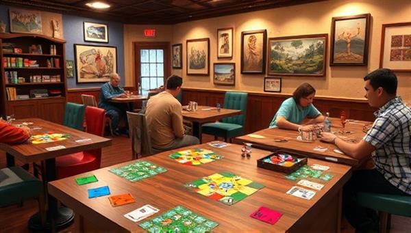A cozy virtual board game cafe setting with colorful game boards, dice, and cards scattered across tables, players engaged in friendly competition, and a warm ambiance that invites players to relax and enjoy the gaming experience.