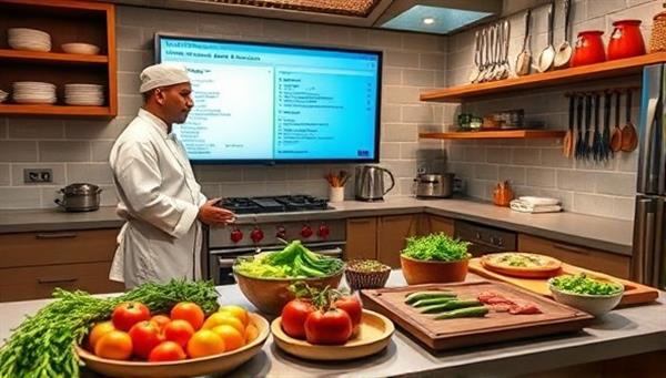 An interactive kitchen setting with a chef conducting a virtual cooking class, surrounded by fresh ingredients, cooking utensils, and a digital recipe display, creating an immersive and educational culinary experience for users.