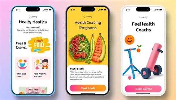 A vibrant and engaging app interface showcasing different health coaching programs, with colorful graphics of healthy food, exercise equipment, and a positive motivational quote, appealing to health-conscious individuals.