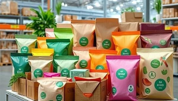 An array of colorful, biodegradable packaging materials with embedded IoT sensors, displayed in a modern and environmentally friendly packaging facility, showcasing the blend of technology and sustainability.