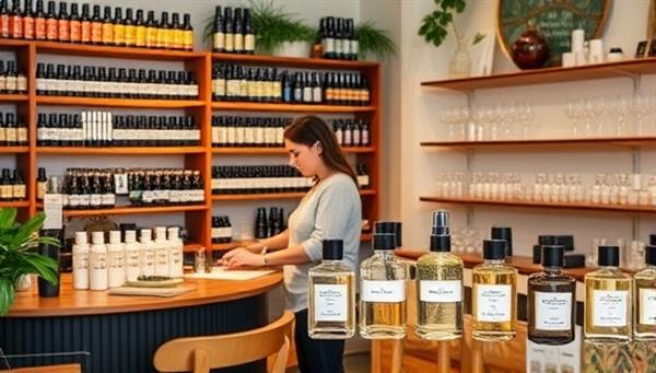 A cozy and inviting studio setting with shelves of various essential oils and fragrance notes, a customer engaged in creating their custom scent, and a beautiful display of finished perfume bottles, evoking a personalized and luxurious experience.