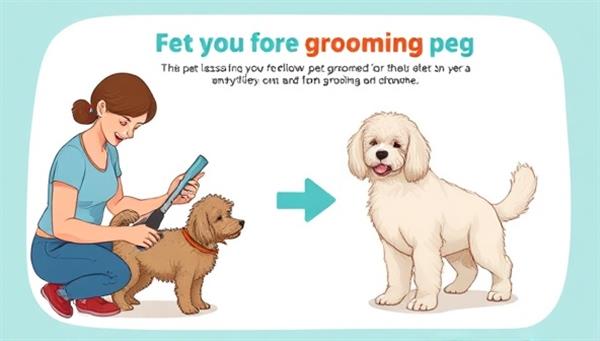 A visually appealing graphic illustrating a pet owner following a virtual pet grooming tutorial, showcasing the transformation of a pet from unkempt to well-groomed, emphasizing the simplicity and effectiveness of the virtual grooming lessons.