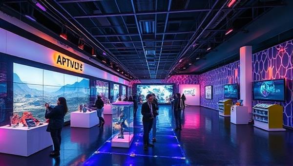 An artistic rendering of a virtual reality art gallery with digital art installations, interactive exhibits, and virtual art pieces displayed in a futuristic and visually captivating environment, inviting users to explore and engage with the digital art world of ArtScape VR.