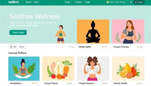 A digital platform showcasing diverse wellness workshops with colorful graphics representing mindfulness, fitness, nutrition, and mental health, symbolizing a holistic approach to well-being.